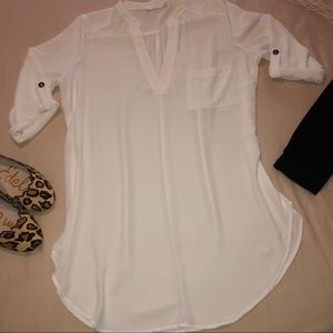 Lush Roll-tab 3/4 Sleeve Sheer White Tunic, Sz L